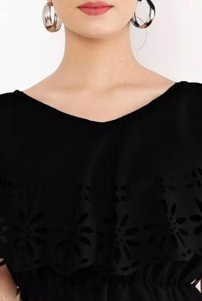 Duence Women's Crepe Solid V-Neck Black Top