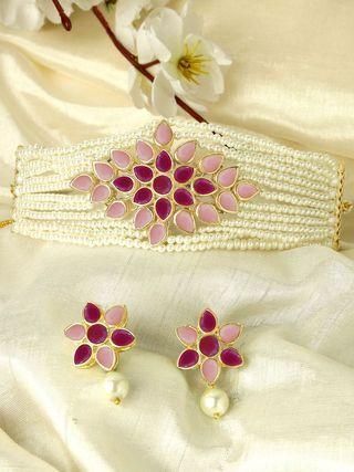 Gold Plated Pearl Beaded Royal Pink and Baby Pink Kundan Stone Choker Necklace Set