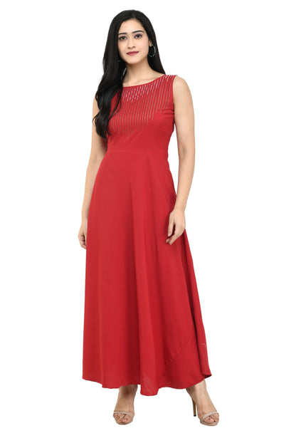 Duence Women's Crepe Embellished Partywear Red Maxi Dress