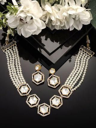 Pearl Beaded Hexagonal Polki Kundan Necklace Set for Women