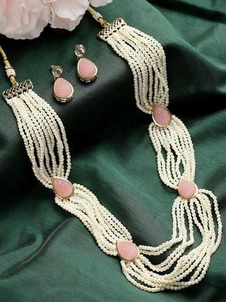 Pink Carved Stone Studded Pearl Beaded Rani Haar Necklace Set for Women