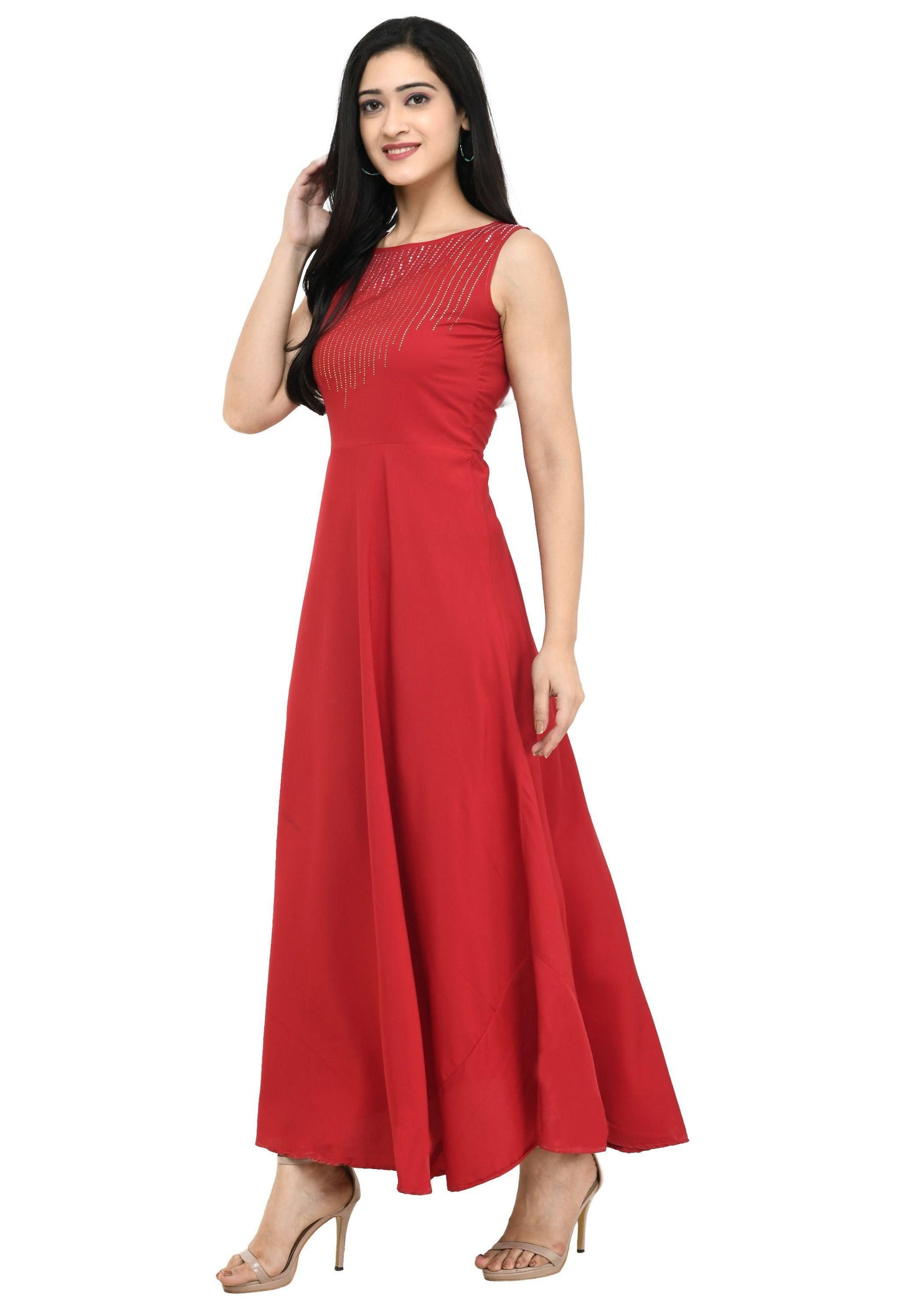 Duence Women's Crepe Embellished Partywear Red Maxi Dress