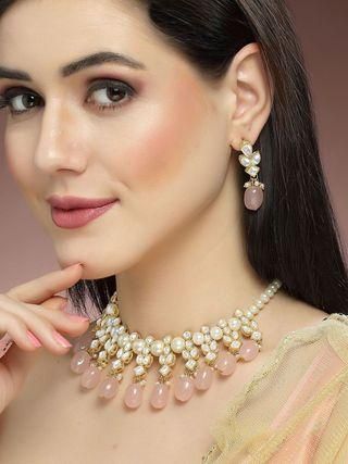 Gold Plated Pink Tumble and Pearl Studded Kundan Necklace Set