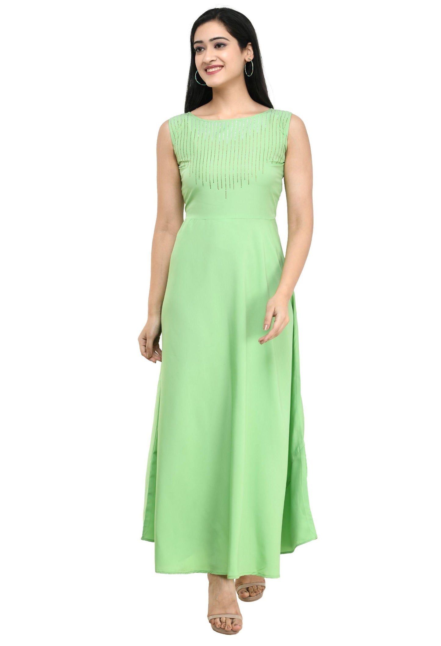 Duence Women's Crepe Embellished Partywear Pista Green Maxi Dress