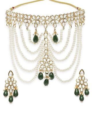 Pearl Beaded and Green Tumble Kundan Choker Neckalce Set for Women