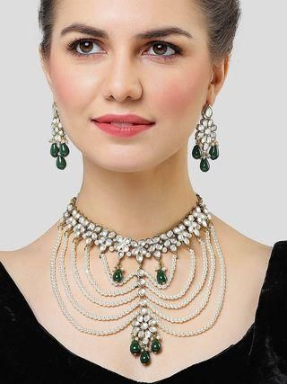 Pearl Beaded and Green Tumble Kundan Choker Neckalce Set for Women