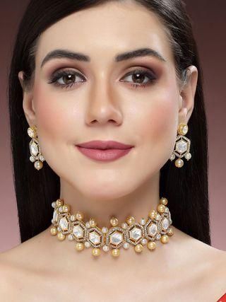 Golden Pearl Studded Polki Kundan Choker Necklace Set for Women