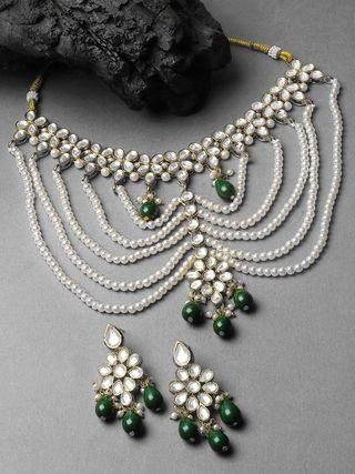 Pearl Beaded and Green Tumble Kundan Choker Neckalce Set for Women