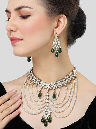 Pearl Beaded and Green Tumble Kundan Choker Neckalce Set for Women