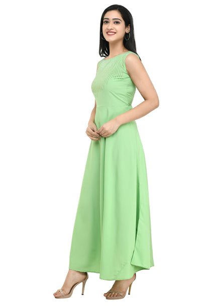 Duence Women's Crepe Embellished Partywear Pista Green Maxi Dress