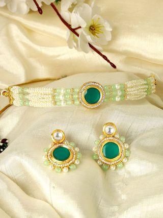 Lime Green Beads and Pearl Beaded Green Polki Kundan Choker Necklace Set