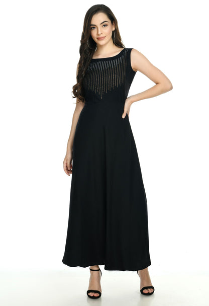 Duence Women's Crepe Embellished Partywear Black Maxi Dress