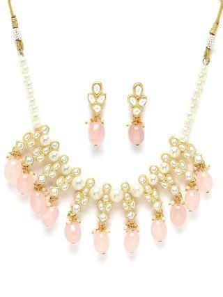 Gold Plated Pink Tumble and Pearl Studded Kundan Necklace Set