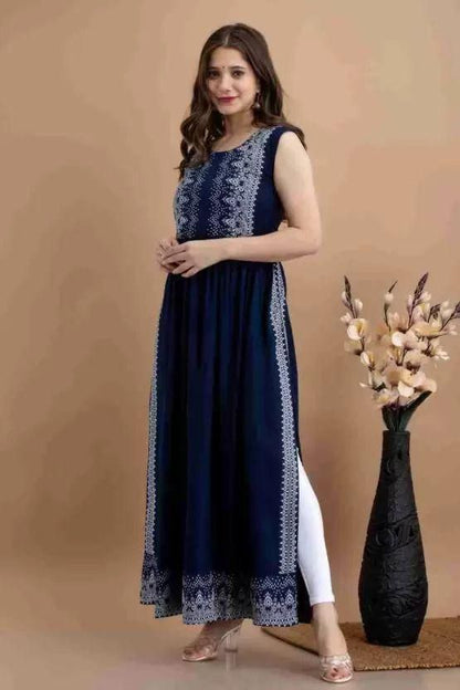 Duence Women's Rayon Printed Long Kurti Navy Blue