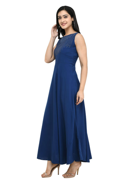 Duence Women's Crepe Embellished Partywear Navy Blue Maxi Dress