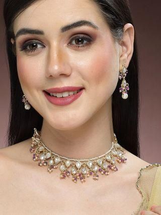 Gold Plated Pink and Purple Crystal Kundan Necklace Set for Women