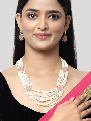 Pink Carved Stone Studded Pearl Beaded Rani Haar Necklace Set for Women