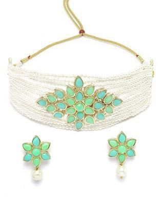 Gold Plated Pearl Beaded Light Blue and Light Green Kundan Stone Choker Necklace Set