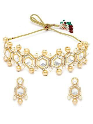 Golden Pearl Studded Polki Kundan Choker Necklace Set for Women