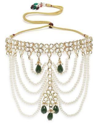 Pearl Beaded and Green Tumble Kundan Choker Neckalce Set for Women