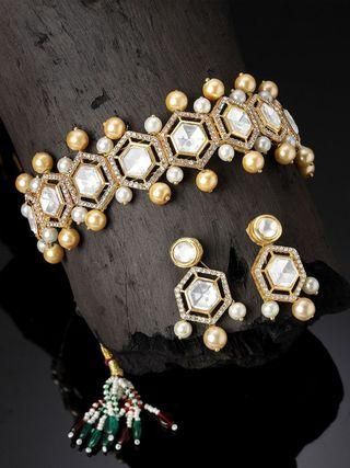 Golden Pearl Studded Polki Kundan Choker Necklace Set for Women