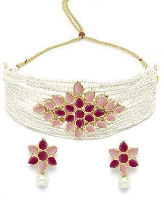 Gold Plated Pearl Beaded Royal Pink and Baby Pink Kundan Stone Choker Necklace Set