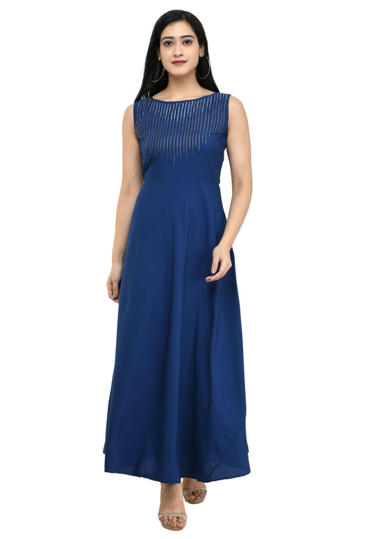 Duence Women's Crepe Embellished Partywear Navy Blue Maxi Dress