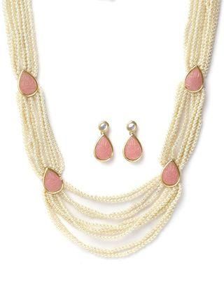 Pink Carved Stone Studded Pearl Beaded Rani Haar Necklace Set for Women