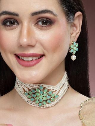 Gold Plated Pearl Beaded Light Blue and Light Green Kundan Stone Choker Necklace Set