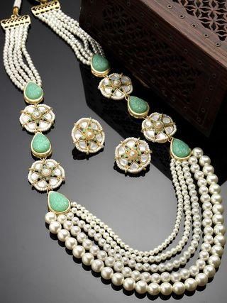 Pearl Beaded Light Green Carved Stone Kundan Rani Haar Necklace Set for Women