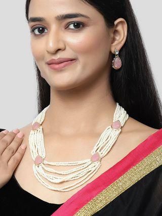 Pink Carved Stone Studded Pearl Beaded Rani Haar Necklace Set for Women