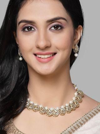 Gold Plated Peacock Design Kundan and Pearl Choker Necklace Set for Women