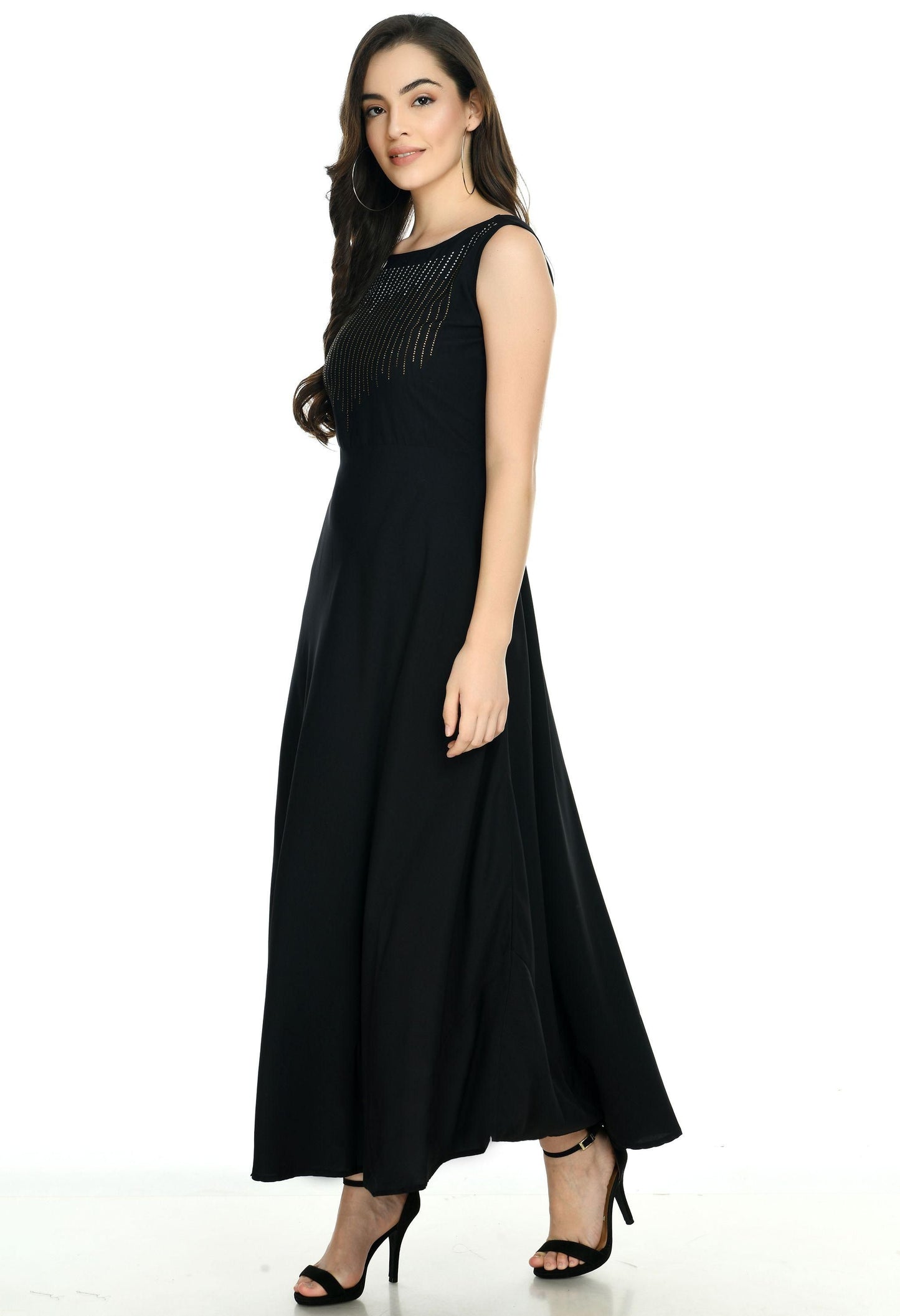 Duence Women's Crepe Embellished Partywear Black Maxi Dress