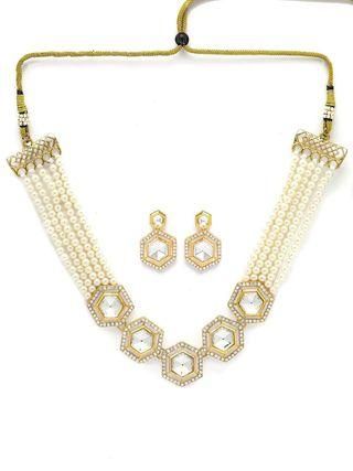 Pearl Beaded Hexagonal Polki Kundan Necklace Set for Women