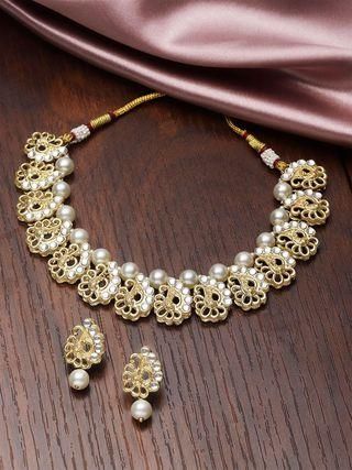 Gold Plated Peacock Design Kundan and Pearl Choker Necklace Set for Women