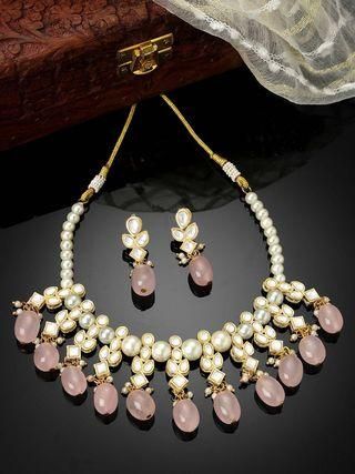 Gold Plated Pink Tumble and Pearl Studded Kundan Necklace Set