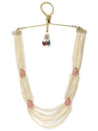 Pink Carved Stone Studded Pearl Beaded Rani Haar Necklace Set for Women