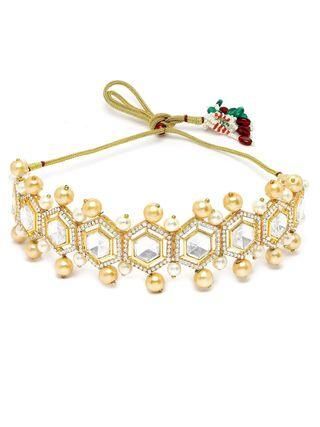 Golden Pearl Studded Polki Kundan Choker Necklace Set for Women