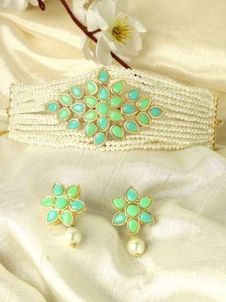 Gold Plated Pearl Beaded Light Blue and Light Green Kundan Stone Choker Necklace Set