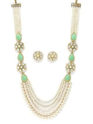 Pearl Beaded Light Green Carved Stone Kundan Rani Haar Necklace Set for Women