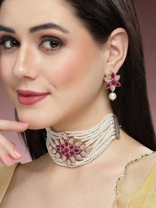 Gold Plated Pearl Beaded Royal Pink and Baby Pink Kundan Stone Choker Necklace Set