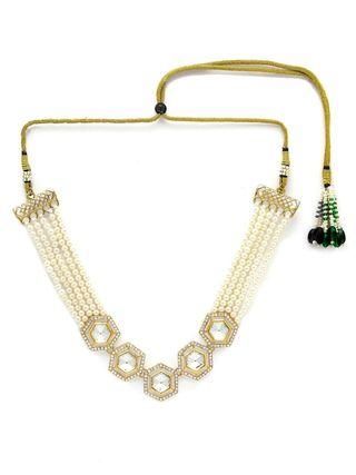 Pearl Beaded Hexagonal Polki Kundan Necklace Set for Women