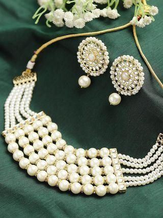 Pearl Multilayer Beaded Kundan Choker Necklace Set for Women