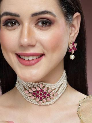 Gold Plated Pearl Beaded Royal Pink and Baby Pink Kundan Stone Choker Necklace Set