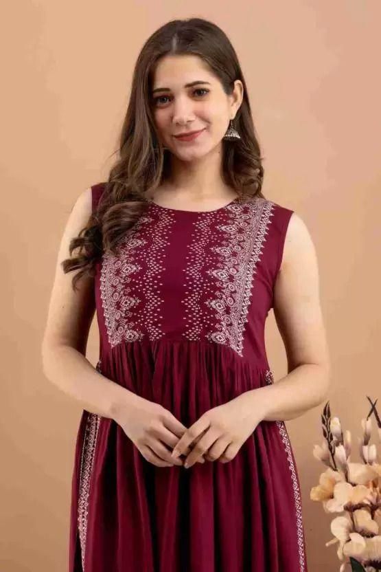 Duence Women's Rayon Printed Long Kurti Maroon