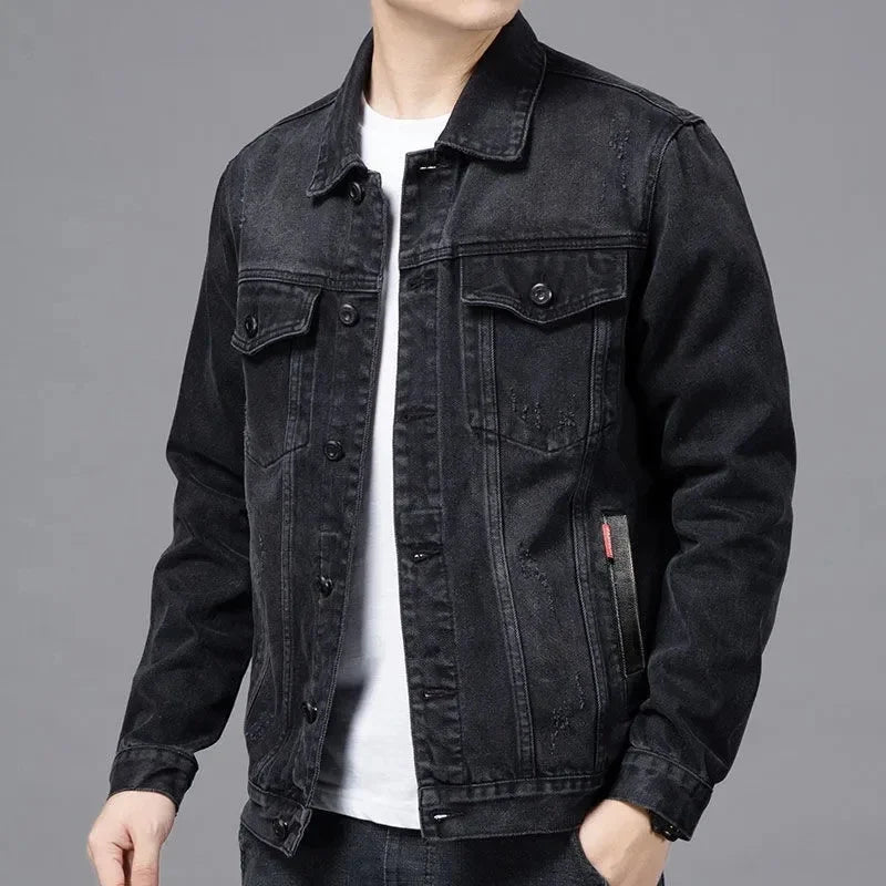 Men Black Denim Jacket Streetwear Spring Autumn Vintage Casual Long Sleeves Top Fashion Turndown Collar Loose Coat Jaqueta Jeans