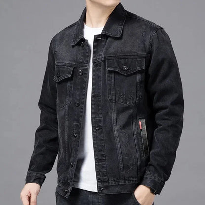 Men Black Denim Jacket Streetwear Spring Autumn Vintage Casual Long Sleeves Top Fashion Turndown Collar Loose Coat Jaqueta Jeans