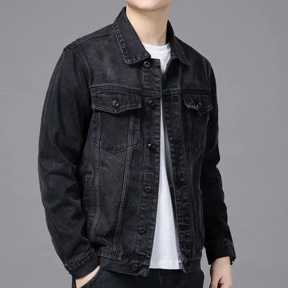 Men Black Denim Jacket Streetwear Spring Autumn Vintage Casual Long Sleeves Top Fashion Turndown Collar Loose Coat Jaqueta Jeans